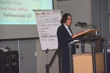 Barbara presenting in front of white board and projector
